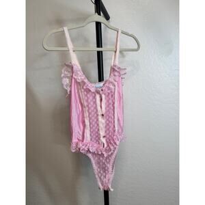 Vintage Symmetry Womens Pink Bodysuit Teddy M Lingerie Pink Stripe Ruffles Lace